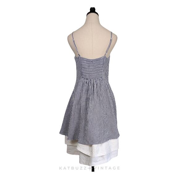 Old Navy Knee Midi Dress M Blue White Stripe Flare Beach Preppy Picnic Natutical - Picture 2 of 14